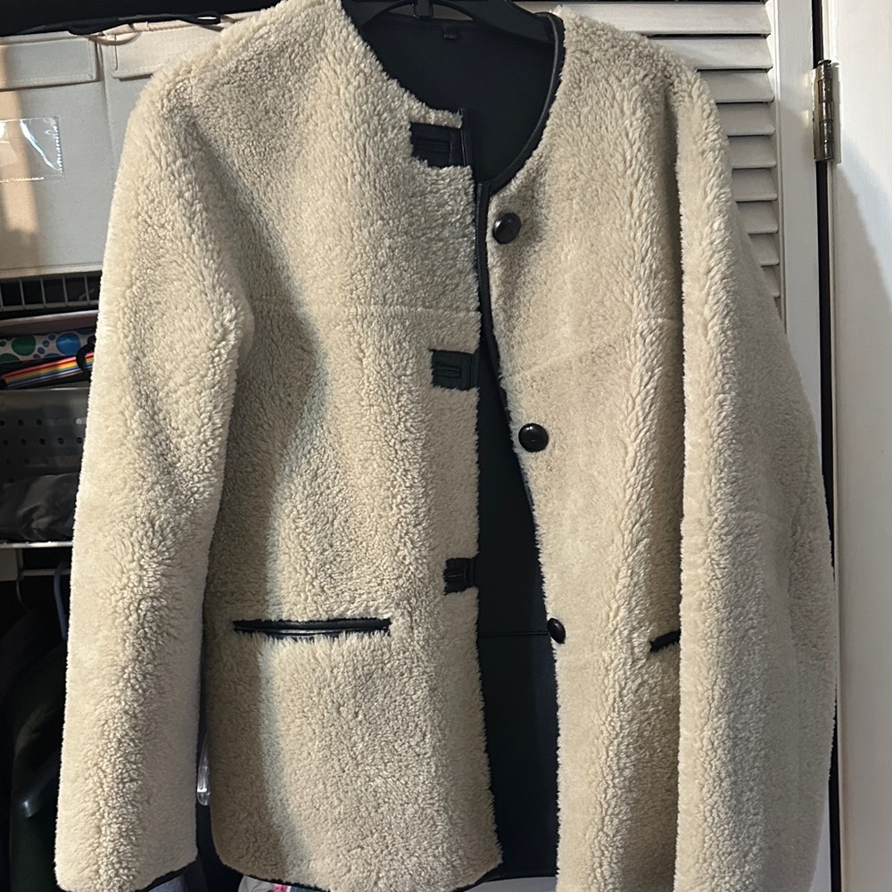 Mango Cream Fur Jacket with Black Accents